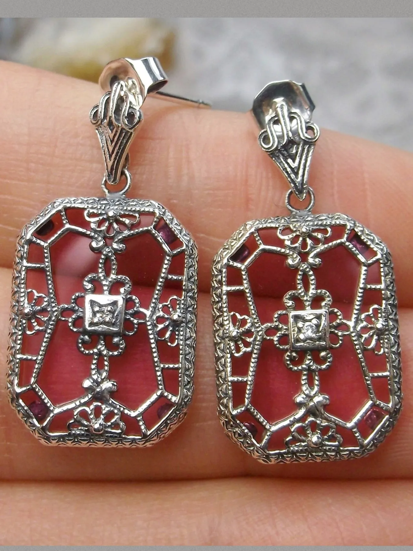 Pink Camphor Glass Earrings, Stained Glass Art Deco 1930's Revival Jewelry #E203