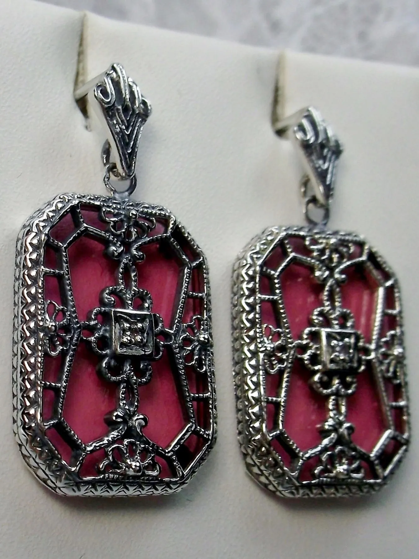 Pink Camphor Glass Earrings, Stained Glass Art Deco 1930's Revival Jewelry #E203
