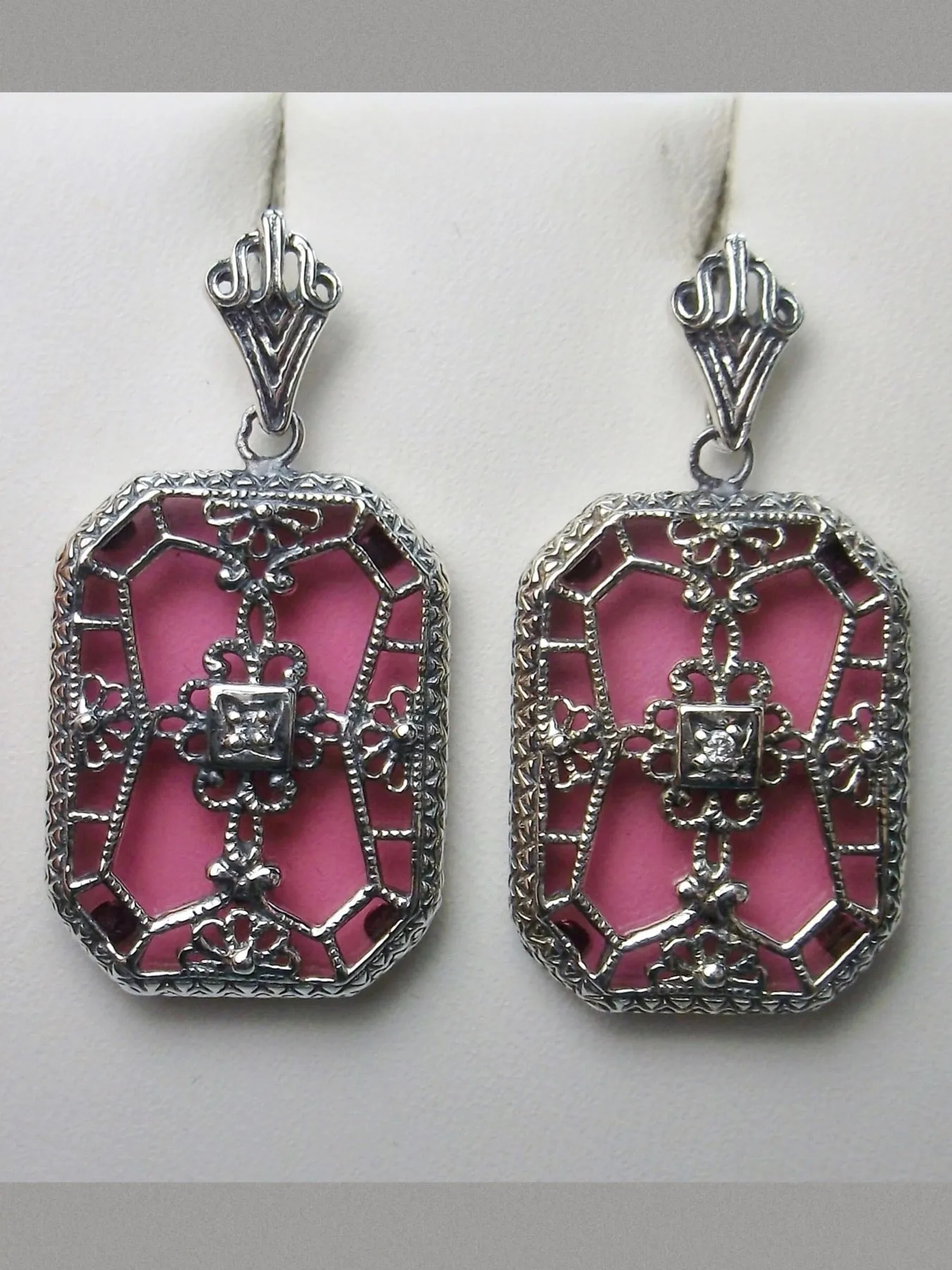 Pink Camphor Glass Earrings, Stained Glass Art Deco 1930's Revival Jewelry #E203
