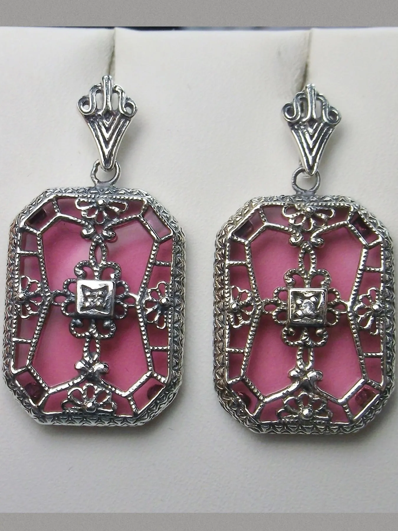Pink Camphor Glass Earrings, Stained Glass Art Deco 1930's Revival Jewelry #E203