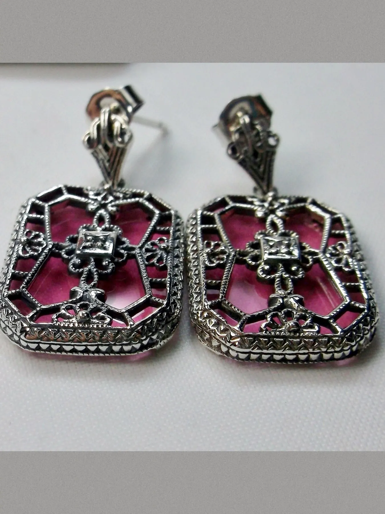 Pink Camphor Glass Earrings, Stained Glass Art Deco 1930's Revival Jewelry #E203