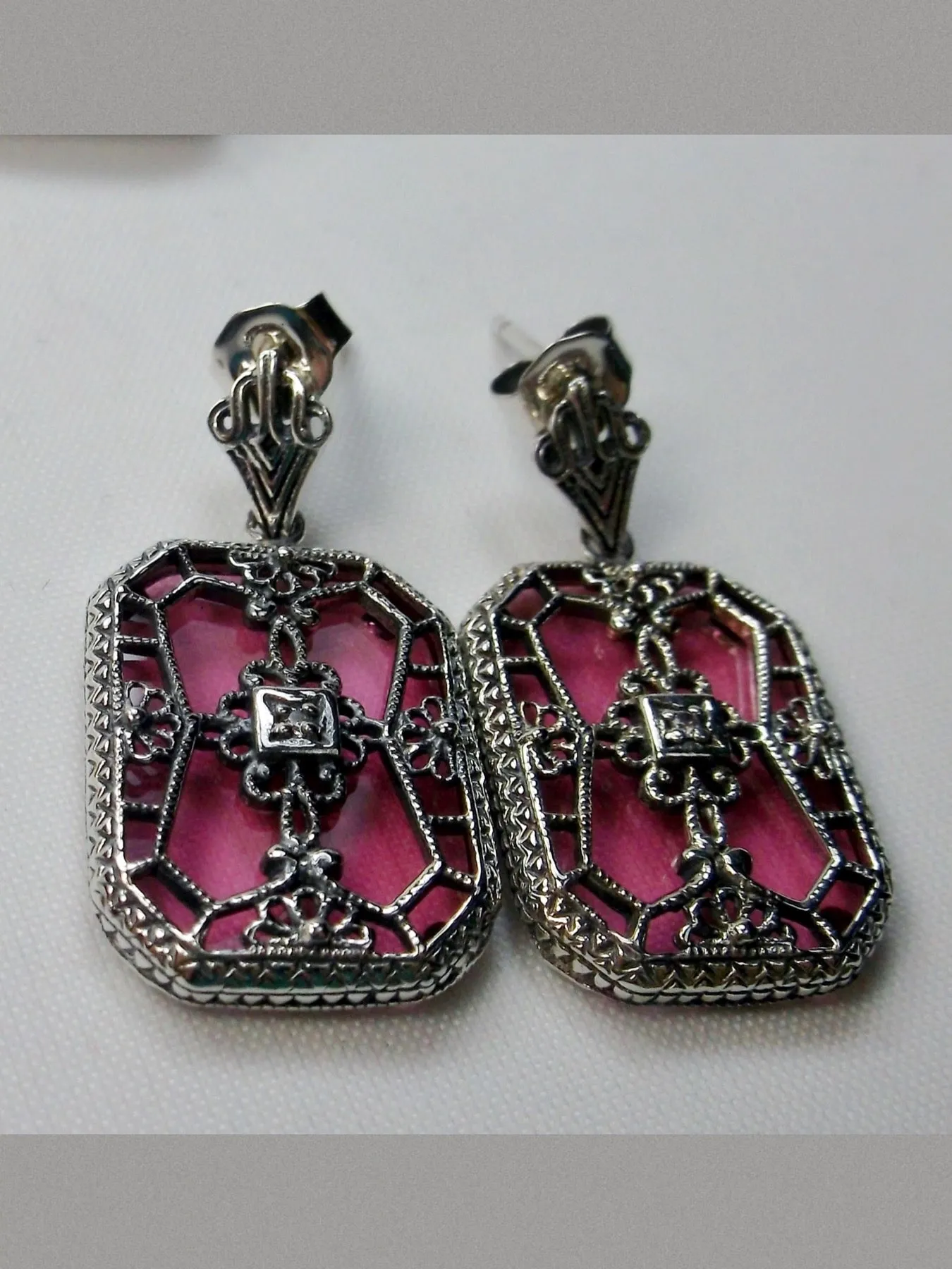 Pink Camphor Glass Earrings, Stained Glass Art Deco 1930's Revival Jewelry #E203