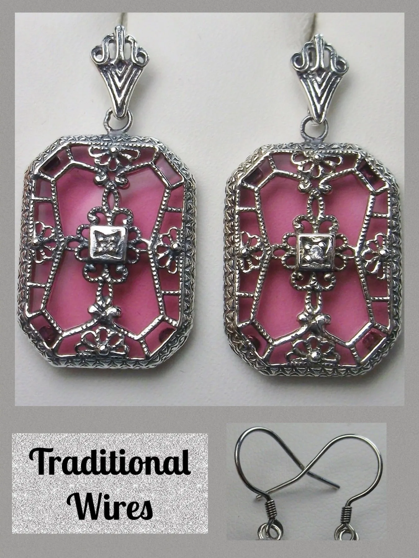 Pink Camphor Glass Earrings, Stained Glass Art Deco 1930's Revival Jewelry #E203
