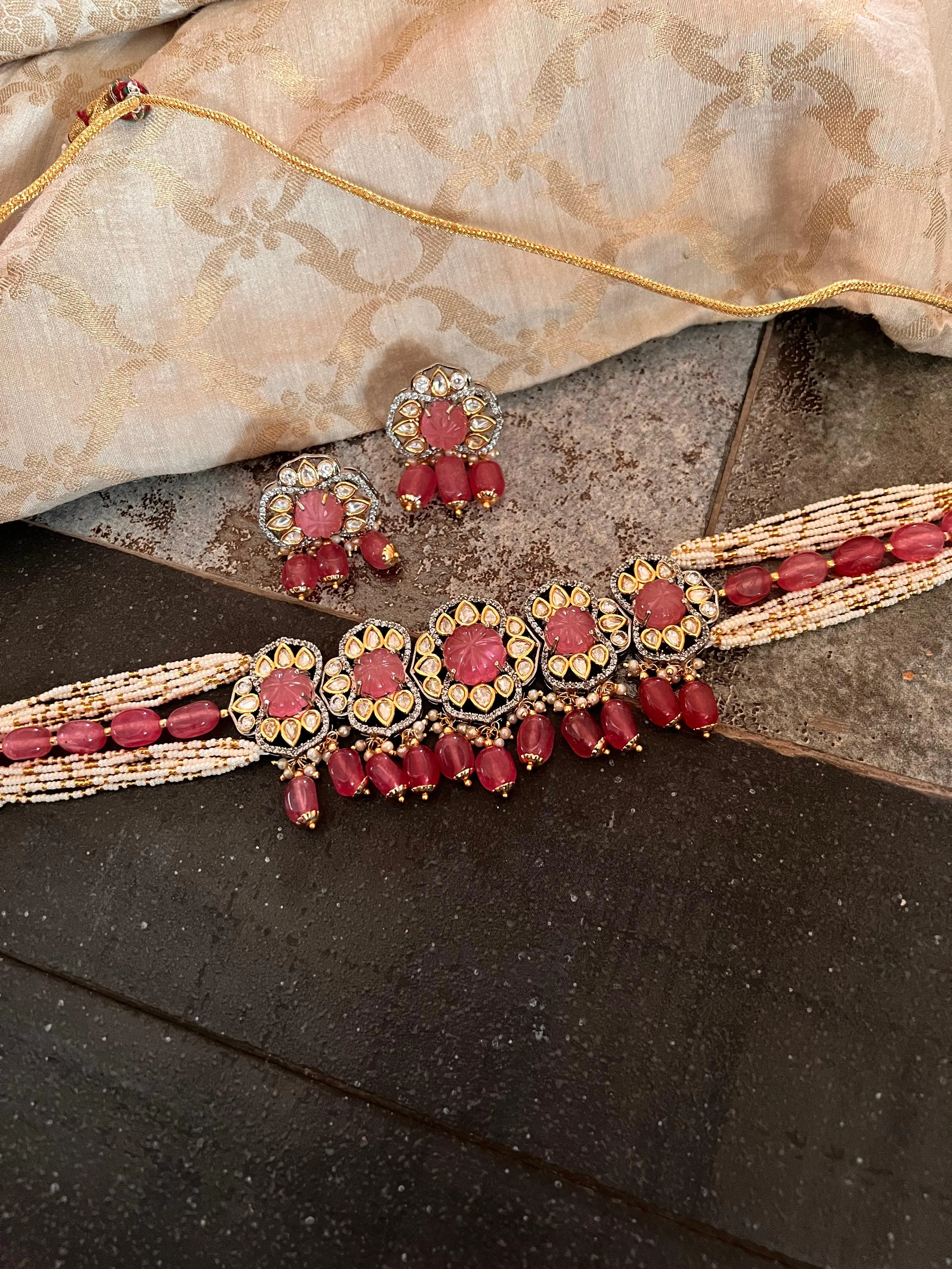 Pink Carved Stone Kundan Choker with Earrings