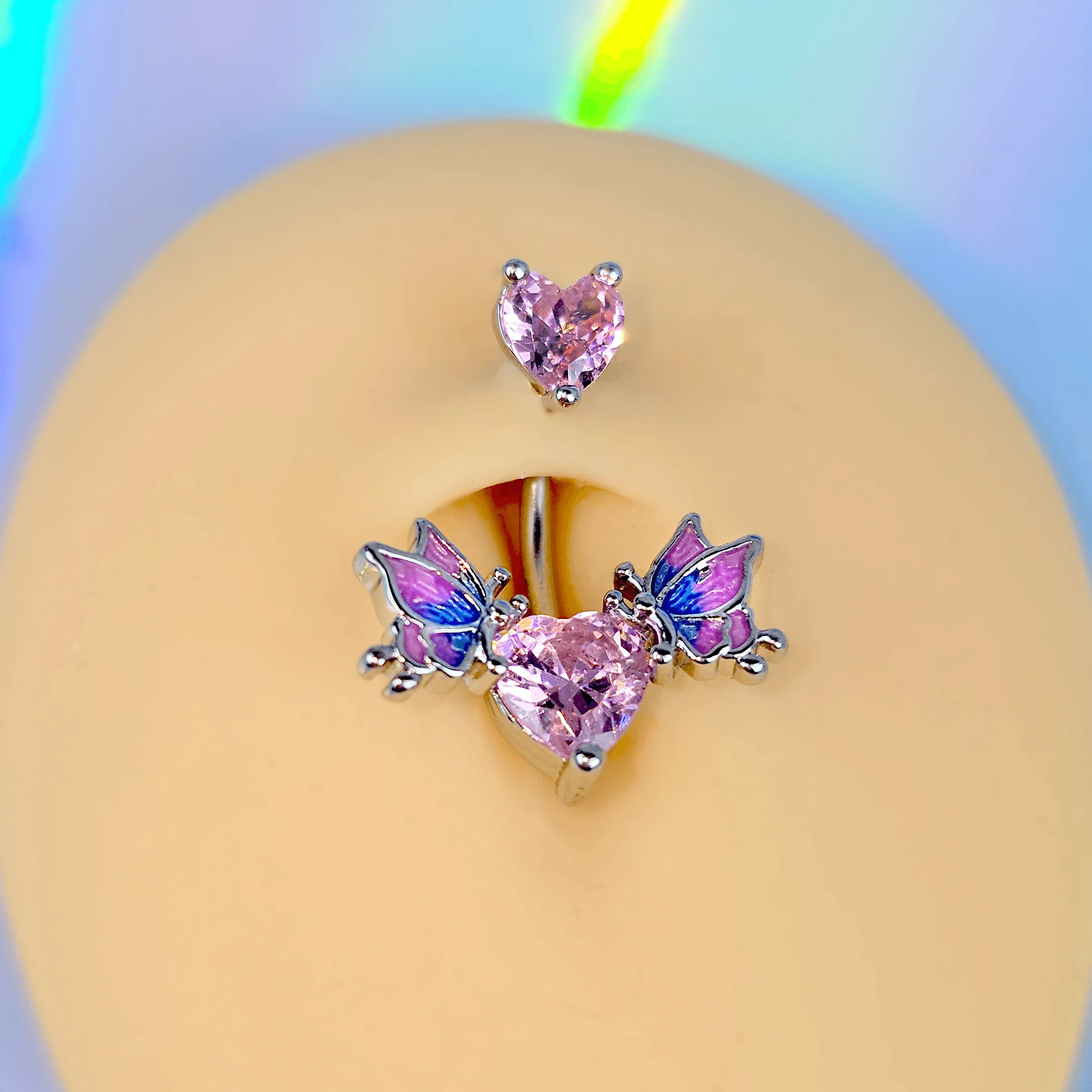 Pink CZ Gem Hearts Butterflies Purple Double Mount Belly Ring