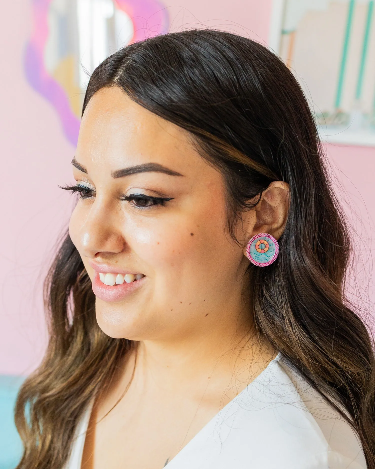 Pink Retro 3D Pool Summer Statement Stud Earrings