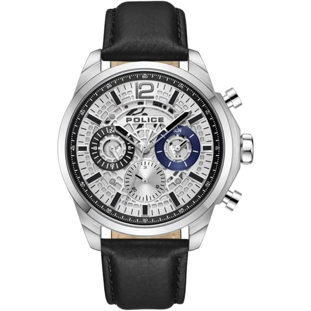 Police Menelik Gents Silver Dial Stainless Steel Silver Case Black Leather Strap Watch