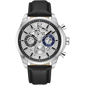 Police Menelik Gents Silver Dial Stainless Steel Silver Case Black Leather Strap Watch