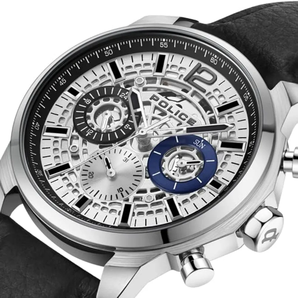 Police Menelik Gents Silver Dial Stainless Steel Silver Case Black Leather Strap Watch