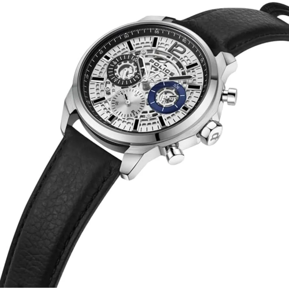Police Menelik Gents Silver Dial Stainless Steel Silver Case Black Leather Strap Watch