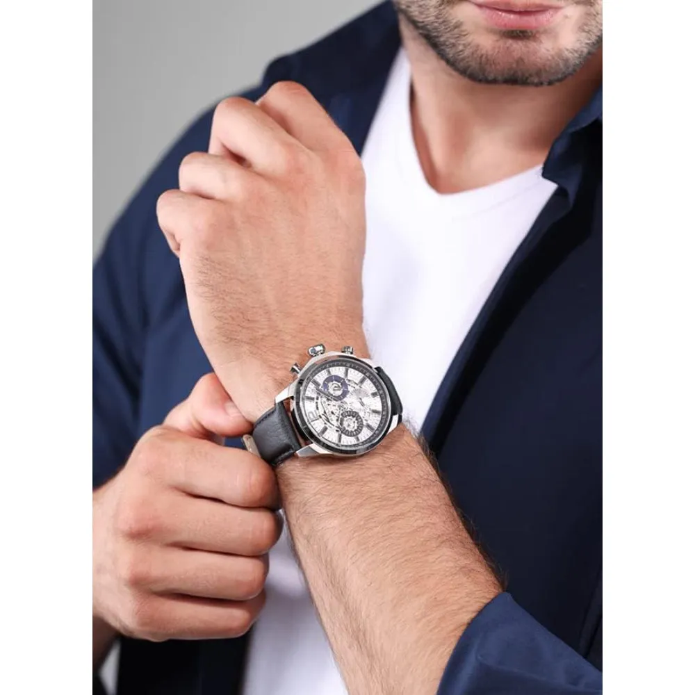 Police Menelik Gents Silver Dial Stainless Steel Silver Case Black Leather Strap Watch