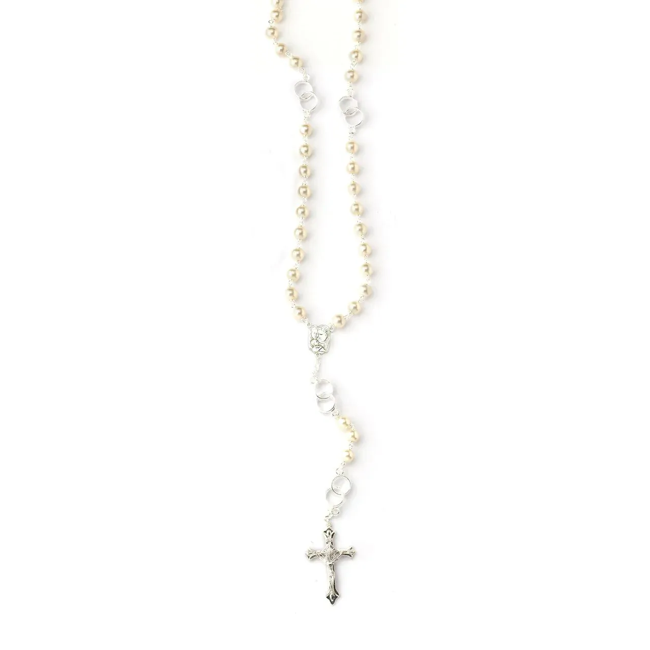 Premium Silver Plated Unity Rosary with Imitation Pearl Glass Beads