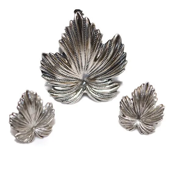 Princess Diamond Cut IVY Leaf Earrings Brooch set