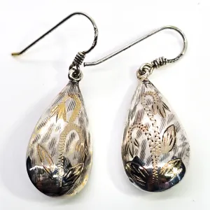 Puffy tear drop silver and gold etched flower vintage drop sterling silver retro earrings