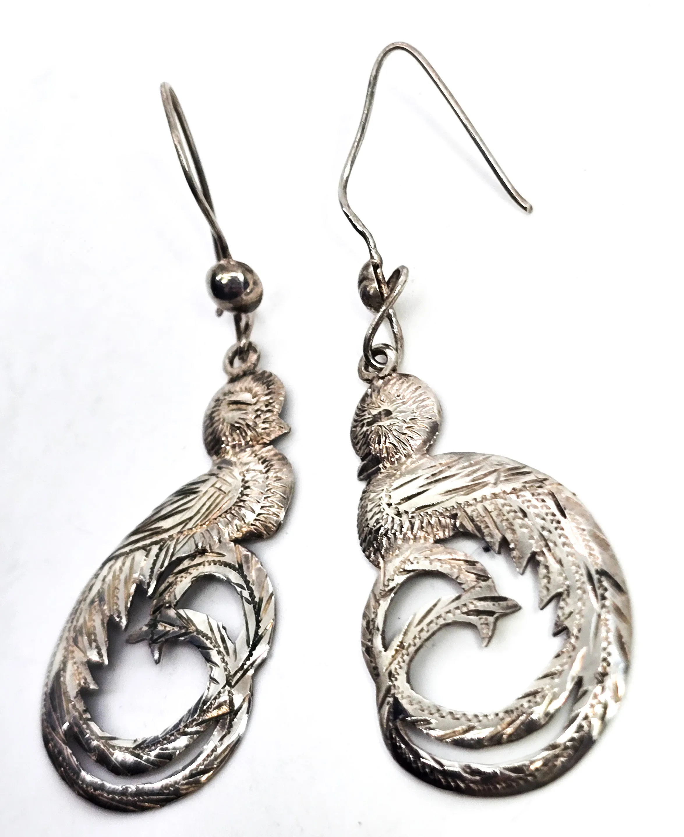 Quetzal Guatemala Bird etched vintage sterling silver 900 earrings
