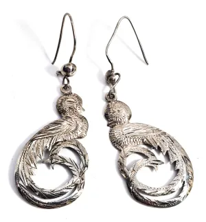 Quetzal Guatemala Bird etched vintage sterling silver 900 earrings
