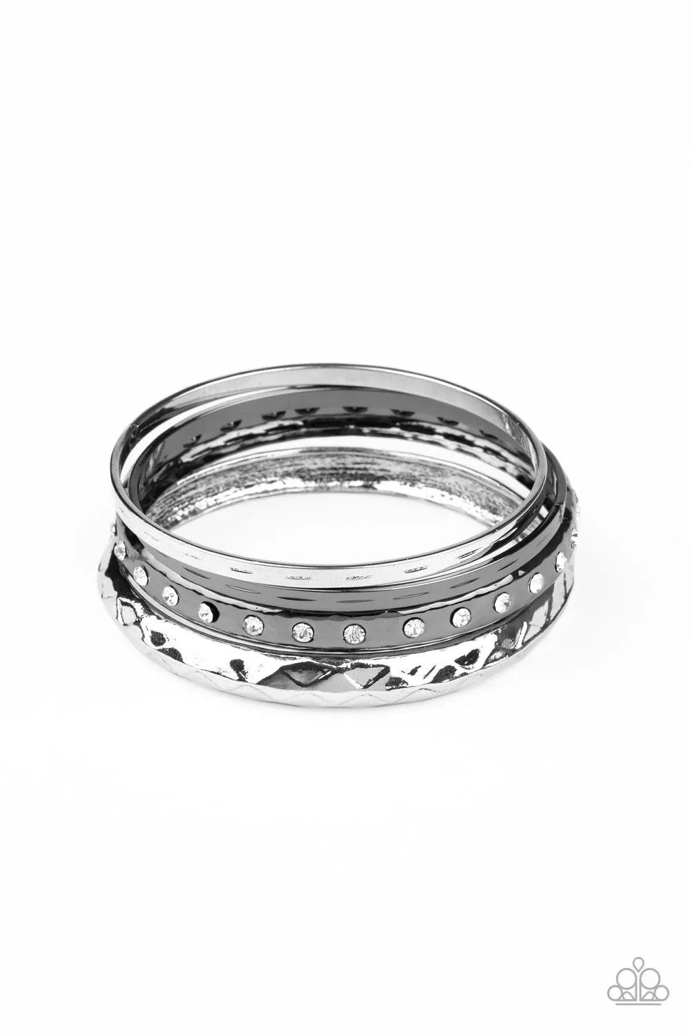 " Revved Up Rhinestones " Multi Metal & White Rhinestone Bangles Set of 4