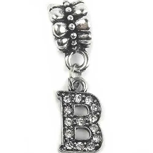 "B" Letter  Dangle Charm Beads with Crystals for Snake Chain Charm Bracelet