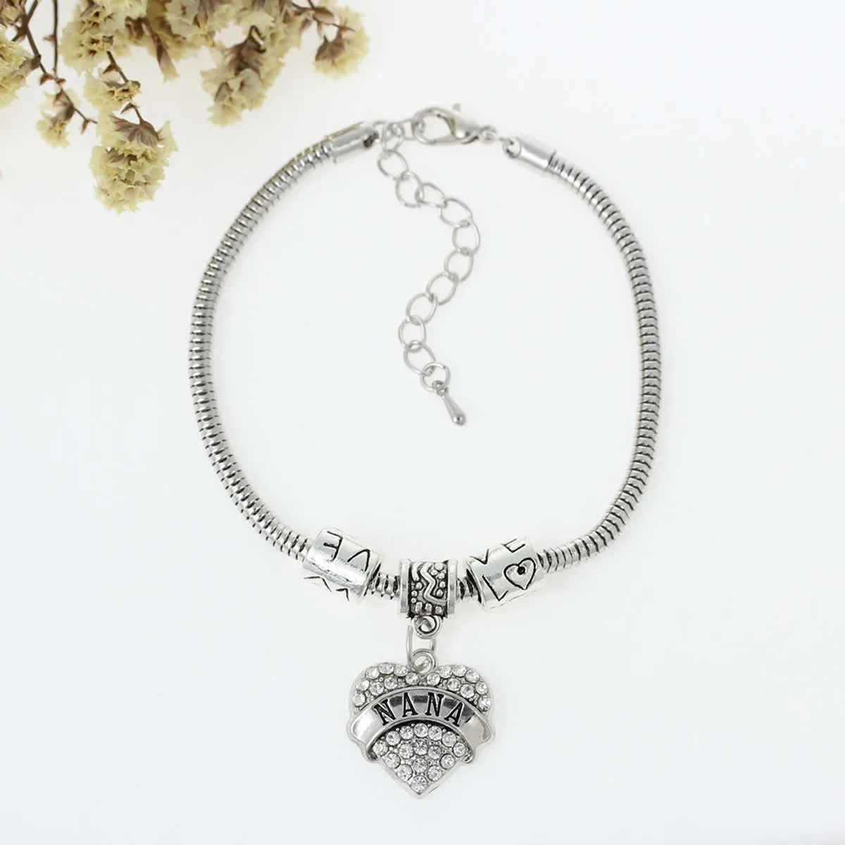 "Nana" European Snake Chain Charm Bracelet with Heart Pendant and "Love" Spacer Beads