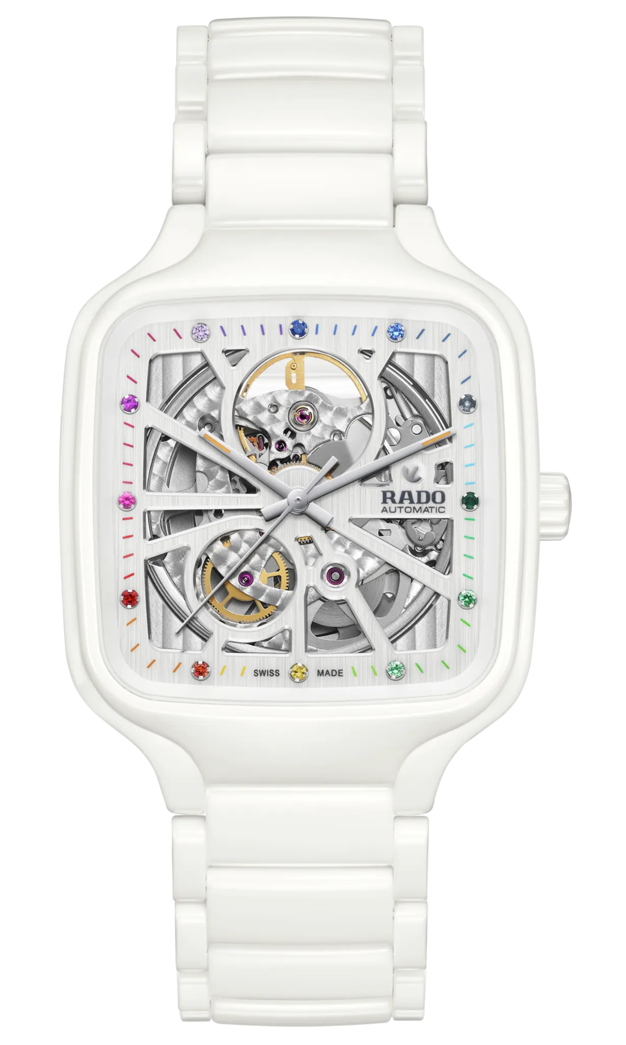 Rado True Square Automatic Open Heart White Ceramic with coloured gemstones