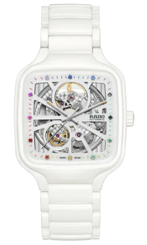 Rado True Square Automatic Open Heart White Ceramic with coloured gemstones