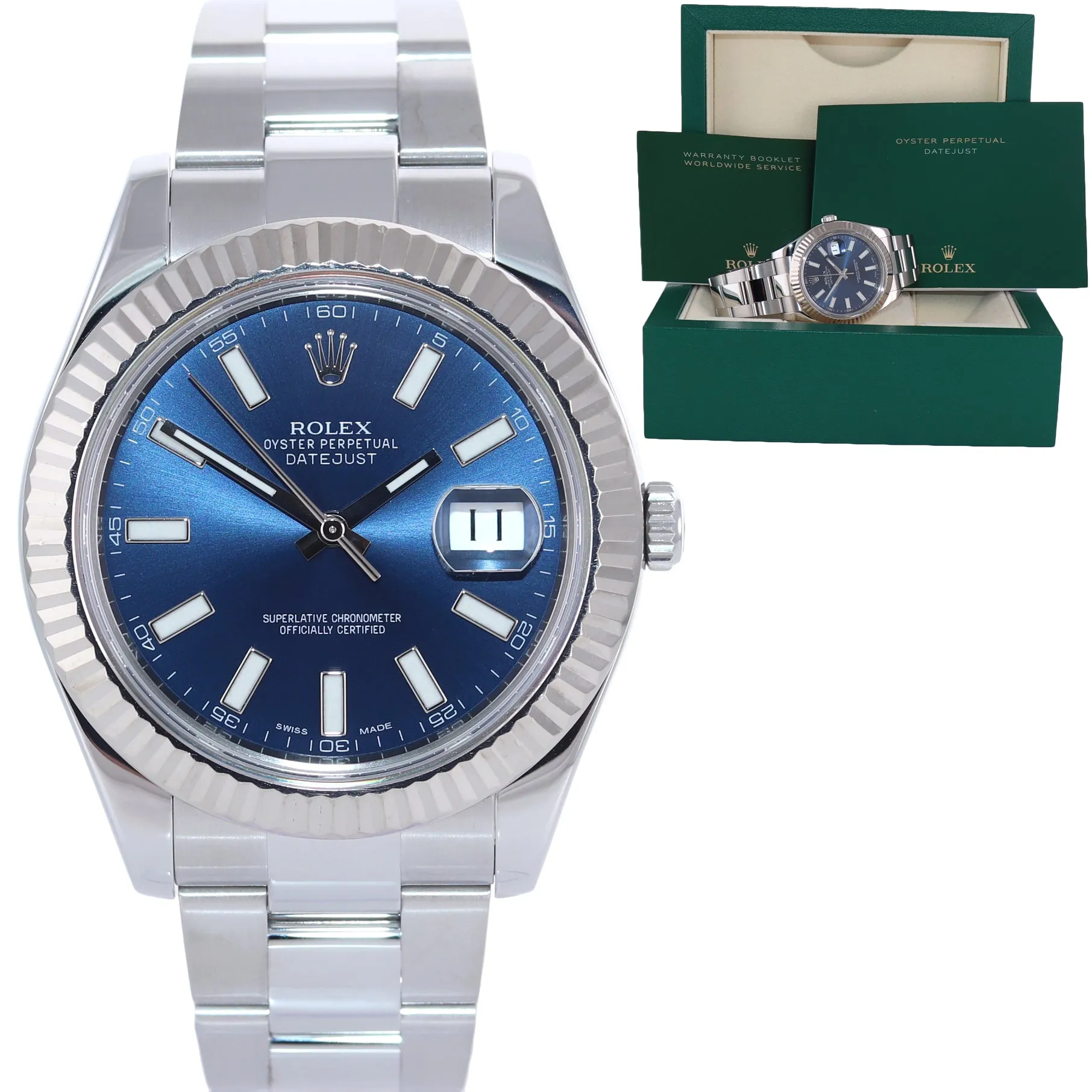 RANDOM SERIAL Rolex Datejust II 41mm White Gold Steel Blue Stick 116334 Watch