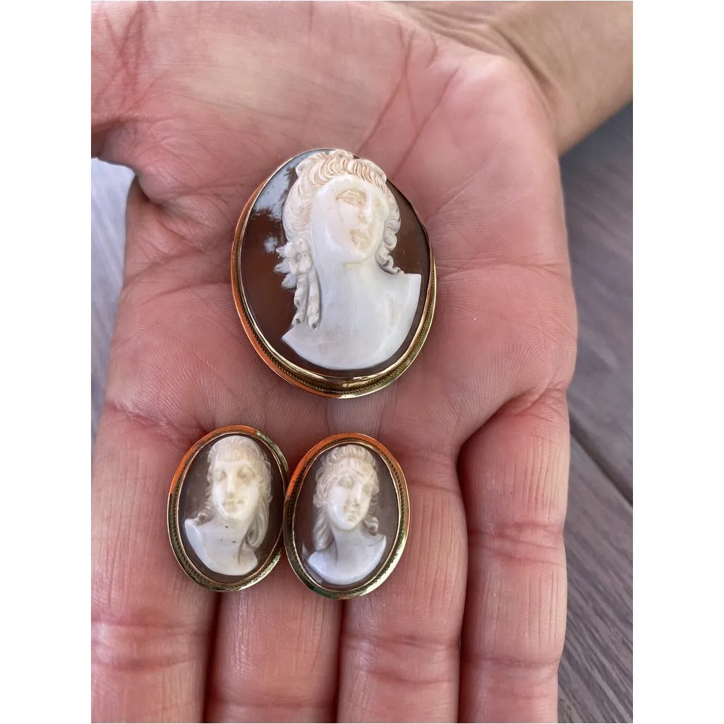 Rare Antique 19th Century Victorian Sardonyx  Cameo Brooch & Earrings 14K Gold