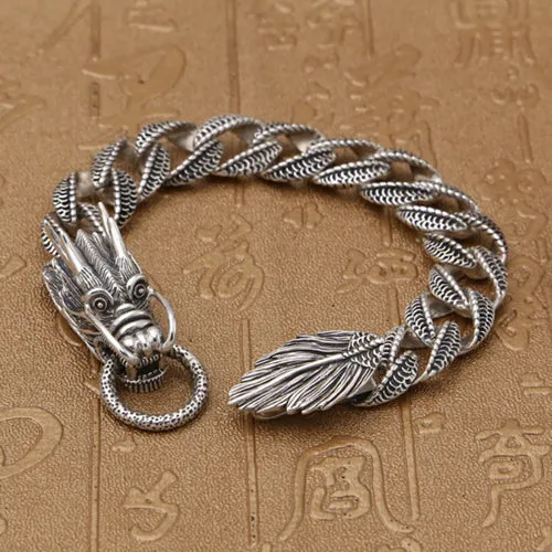 Real Solid 925 Sterling Silver Bracelet Cuban Link Animals Dragon Punk Jewelry