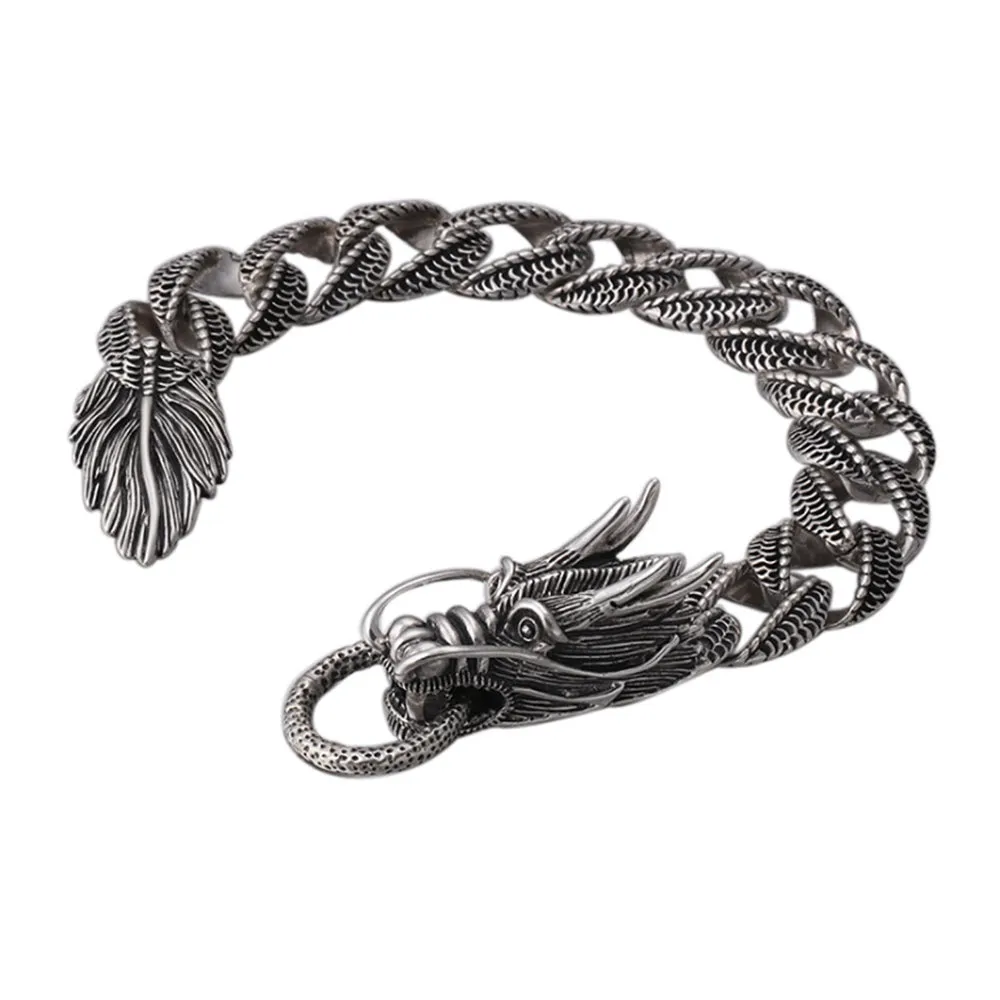 Real Solid 925 Sterling Silver Bracelet Cuban Link Animals Dragon Punk Jewelry