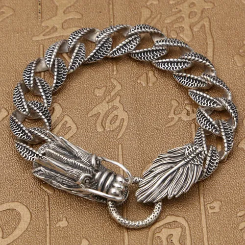 Real Solid 925 Sterling Silver Bracelet Cuban Link Animals Dragon Punk Jewelry