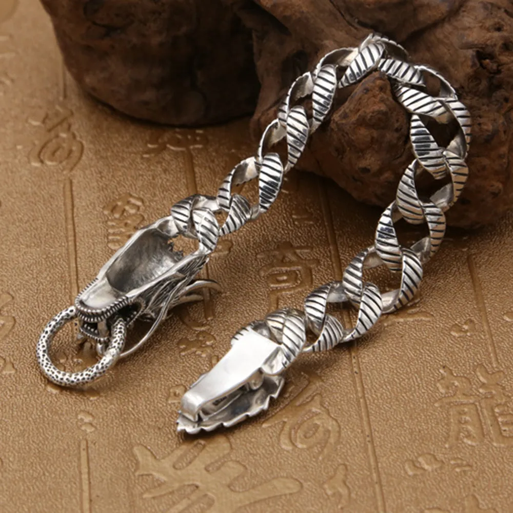 Real Solid 925 Sterling Silver Bracelet Cuban Link Animals Dragon Punk Jewelry