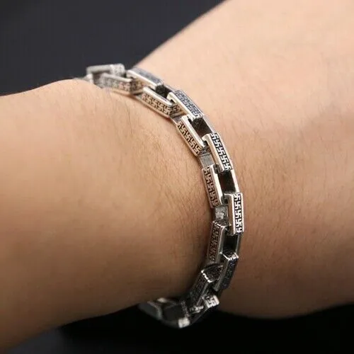 Real Solid 925 Sterling Silver Bracelet Link Loop Cube Rectangle Lection Sanskrit Chain Punk Jewelry