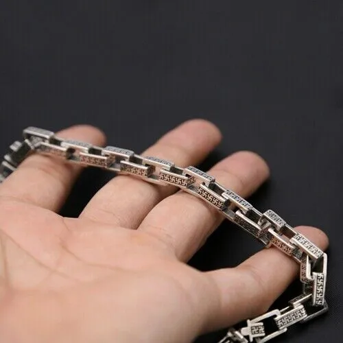 Real Solid 925 Sterling Silver Bracelet Link Loop Cube Rectangle Lection Sanskrit Chain Punk Jewelry