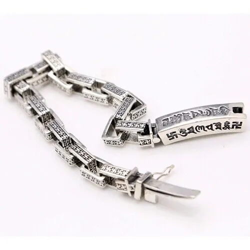 Real Solid 925 Sterling Silver Bracelet Link Loop Cube Rectangle Lection Sanskrit Chain Punk Jewelry