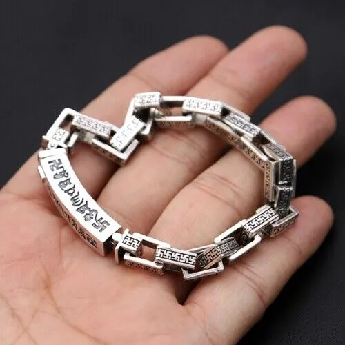 Real Solid 925 Sterling Silver Bracelet Link Loop Cube Rectangle Lection Sanskrit Chain Punk Jewelry