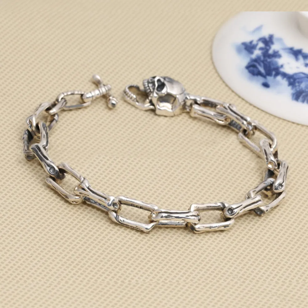 Real Solid 925 Sterling Silver Bracelet Link Skulls Bone Punk Jewelry 7.9" 8.7"
