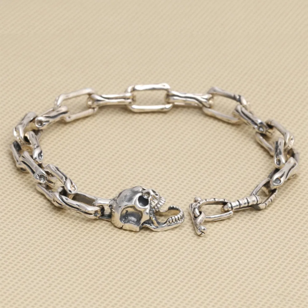 Real Solid 925 Sterling Silver Bracelet Link Skulls Bone Punk Jewelry 7.9" 8.7"