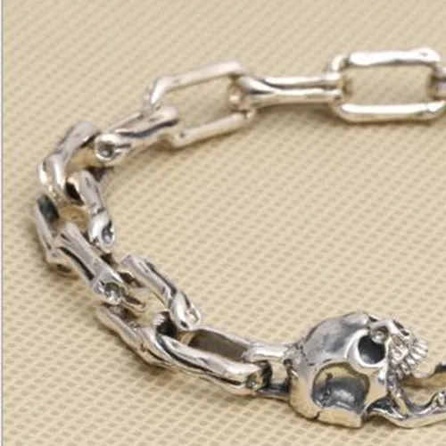Real Solid 925 Sterling Silver Bracelet Link Skulls Bone Punk Jewelry 7.9" 8.7"