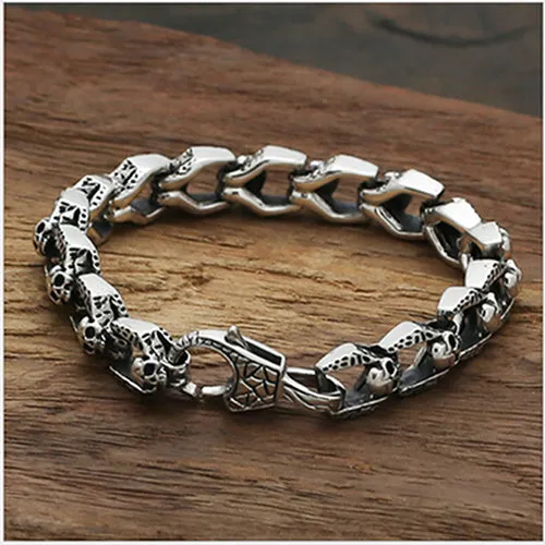 Real Solid 925 Sterling Silver Bracelets Cuban Link Chain Skulls Heavy Jewelry 7.9"