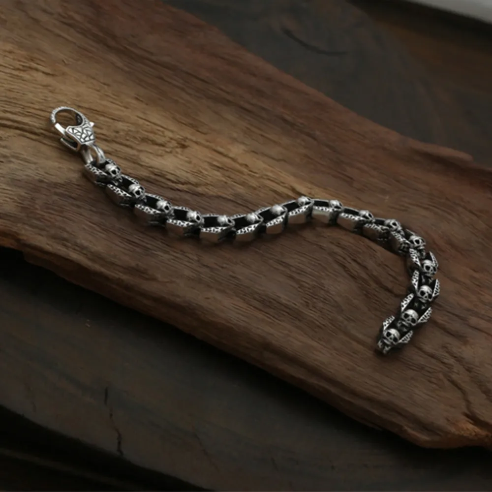 Real Solid 925 Sterling Silver Bracelets Cuban Link Chain Skulls Heavy Jewelry 7.9"