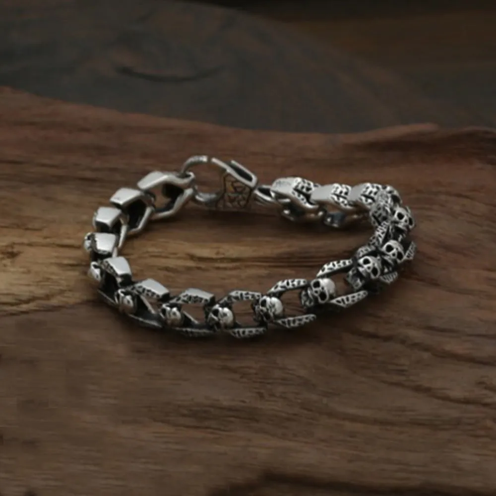 Real Solid 925 Sterling Silver Bracelets Cuban Link Chain Skulls Heavy Jewelry 7.9"