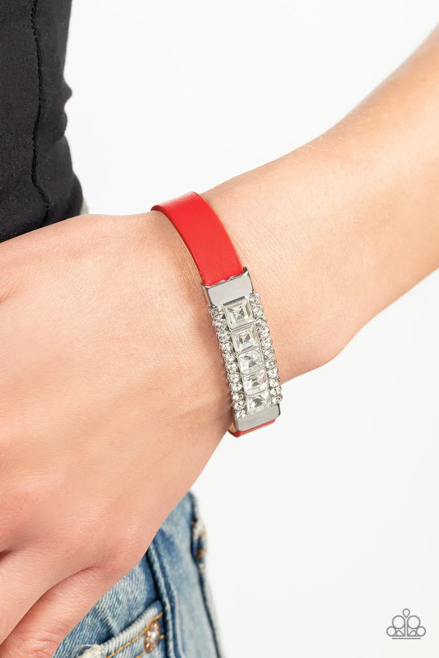 Rebel Reputation - Red - Leather Band White Rhinestone Frame Paparazzi Wrap Urban Bracelet