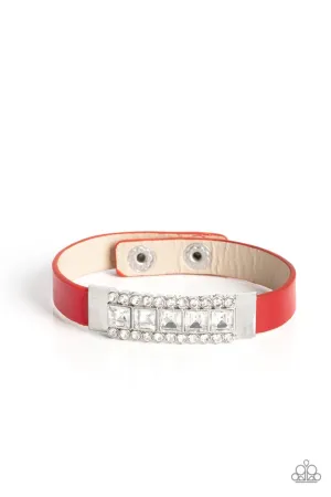 Rebel Reputation - Red - Leather Band White Rhinestone Frame Paparazzi Wrap Urban Bracelet