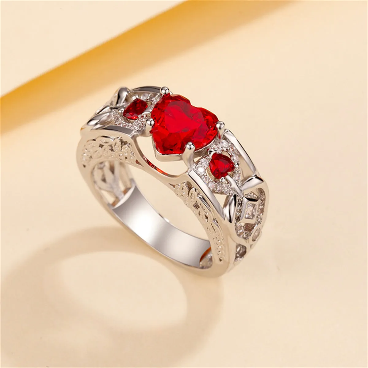 Red Crystal & Cubic Zirconia Heart Ring
