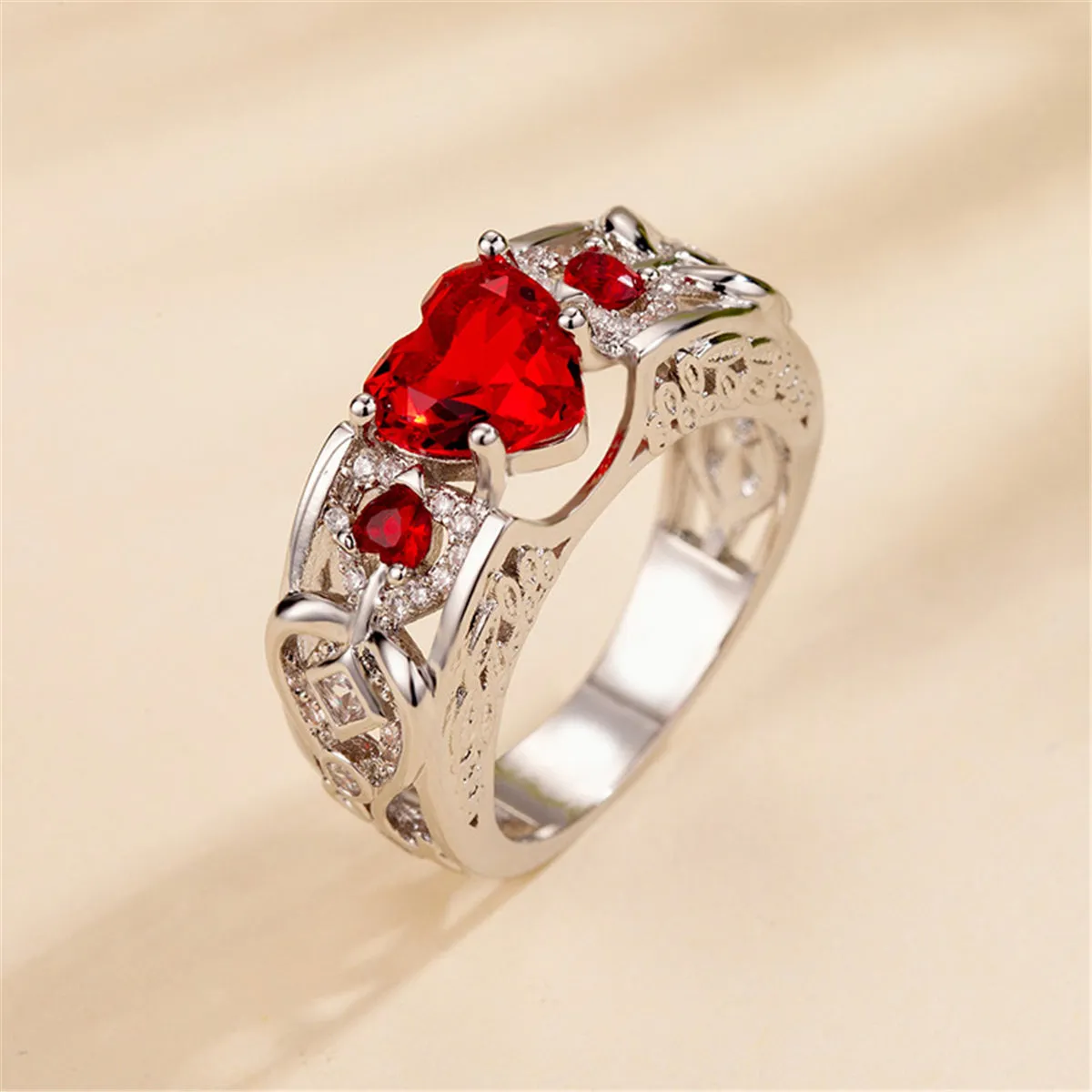 Red Crystal & Cubic Zirconia Heart Ring