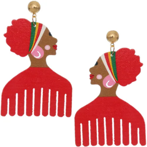 Red Wooden Afrocentric Afro Pick Earrings