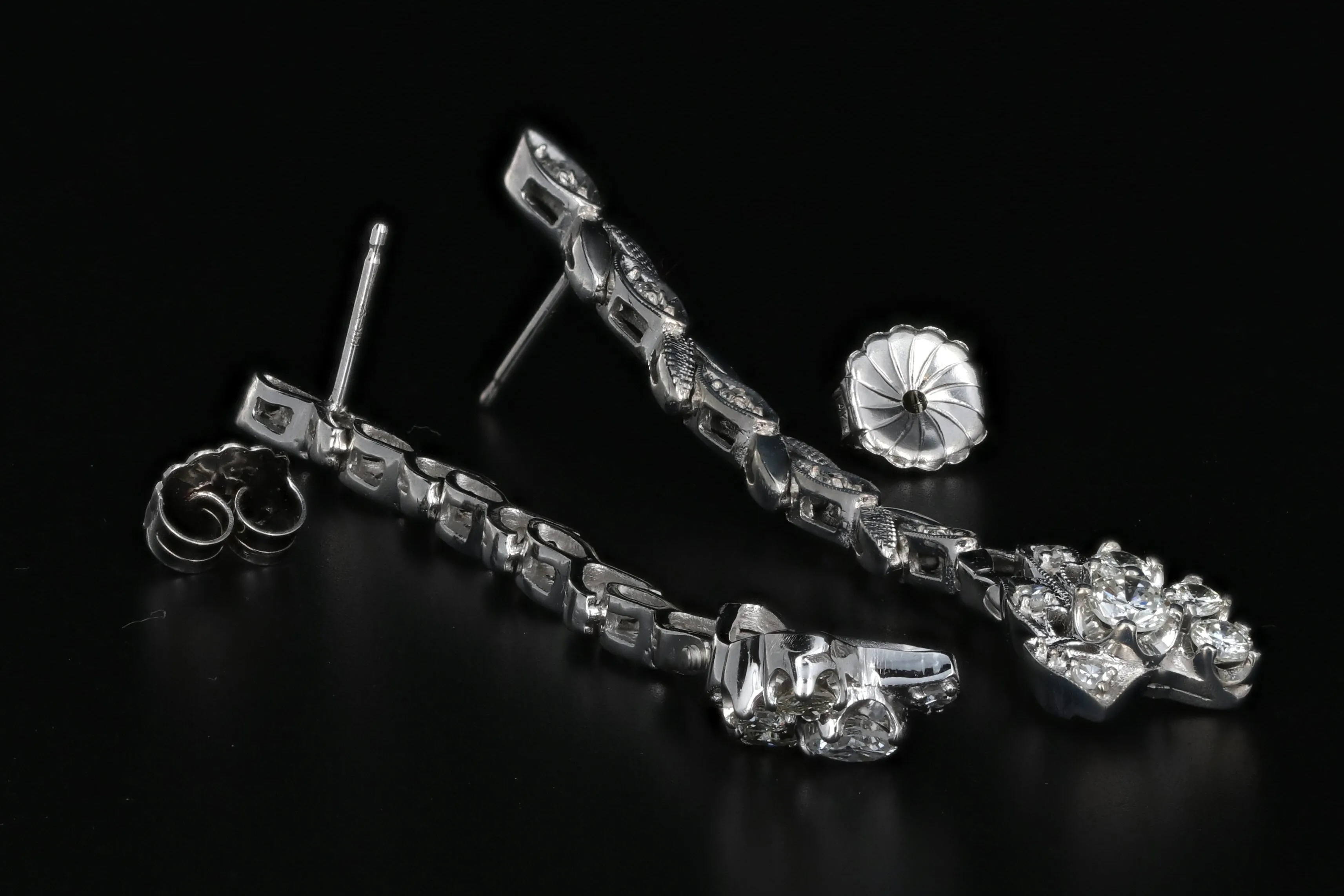 Retro 14K White Gold Diamond Conversion Dangle Earrings c.1940's