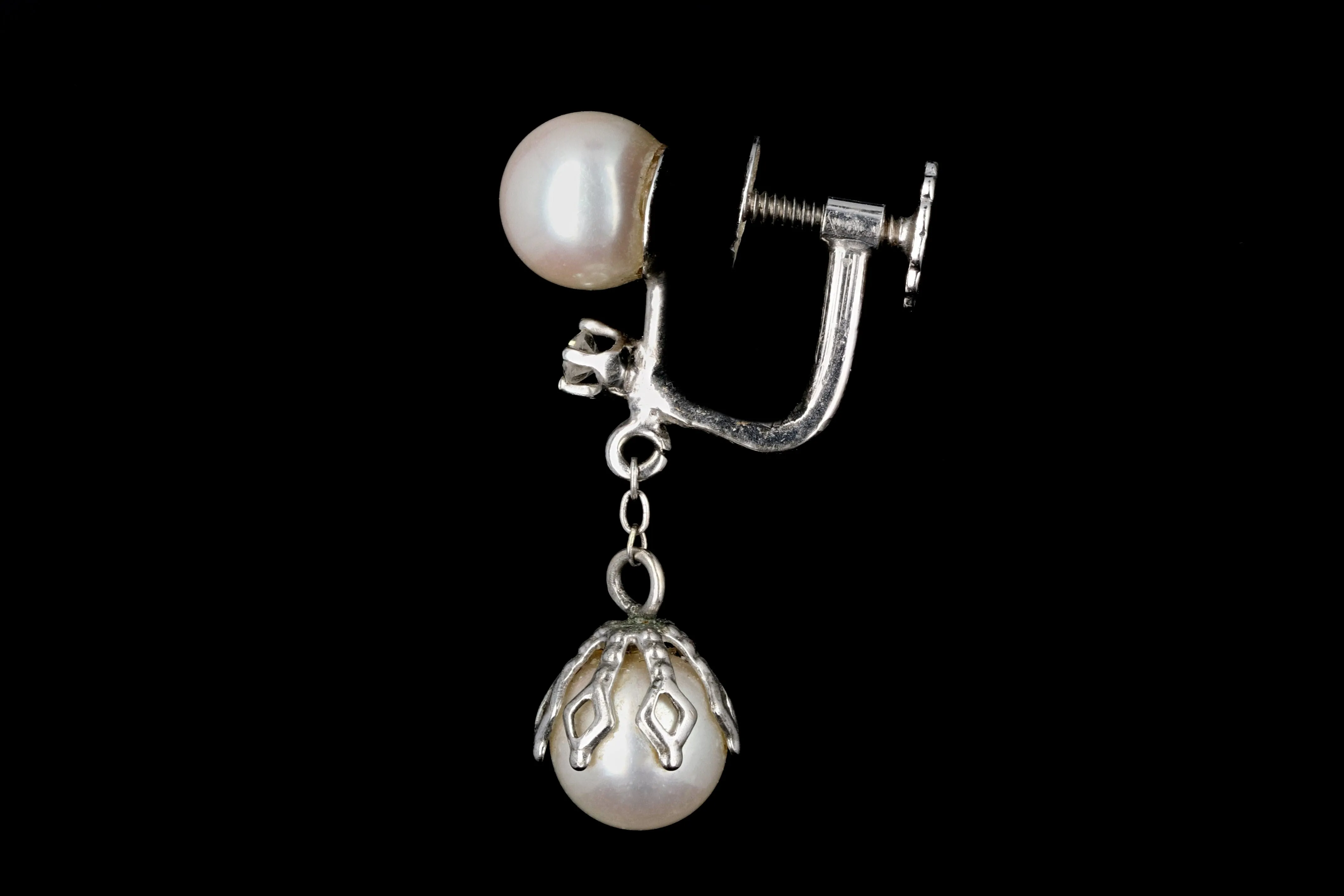 Retro 14K White Gold Double Pearl Drop Diamond Screwback Earrings c.1950's