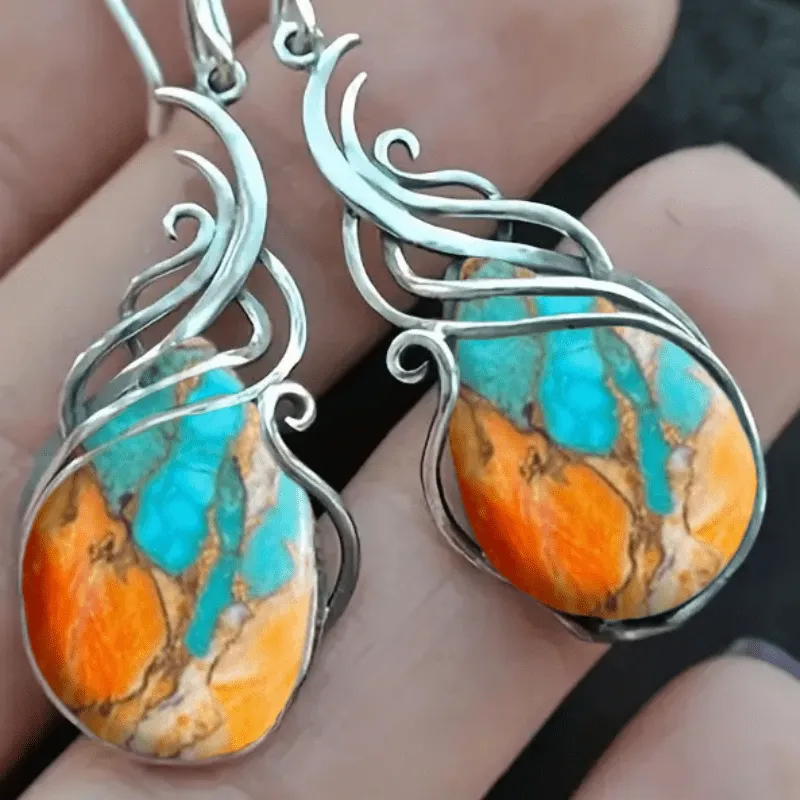 Retro Bohemian Faux Turquoise Pendant Earrings, Boho Scroll Turquoise Earrings