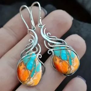 Retro Bohemian Faux Turquoise Pendant Earrings, Boho Scroll Turquoise Earrings